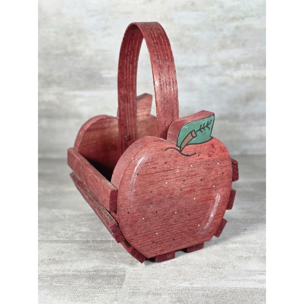 VTG hand-painted Red Wooden apple shaped basket carry handle Cottagecore Rustic